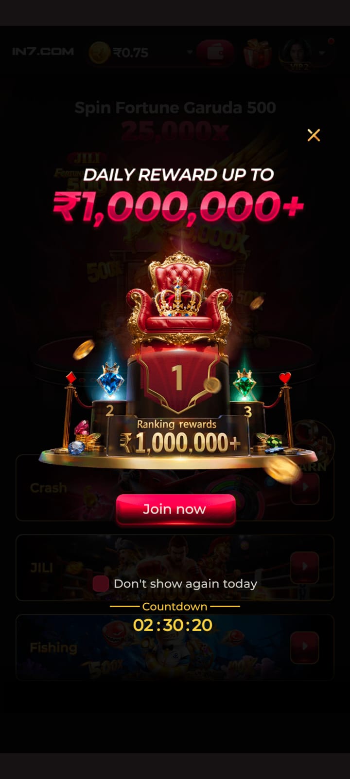 IN7 Game free spin reward page